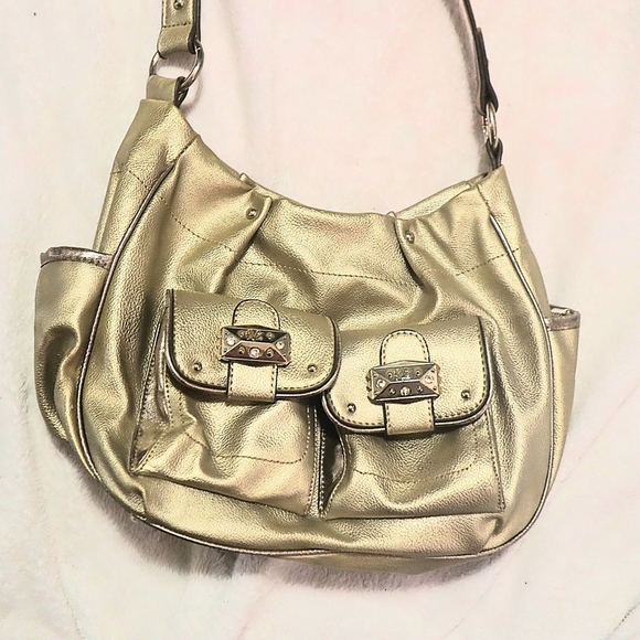 Y2K SATCHEL BAG Kathy New Zealand Light Gold Metallic Handbag 90s Pockets Winter - Picture 12 of 13